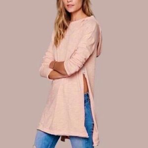 Free People Beach Relaxed Oversized Long Hooded Sweatshirt Swim Cover Pink OS